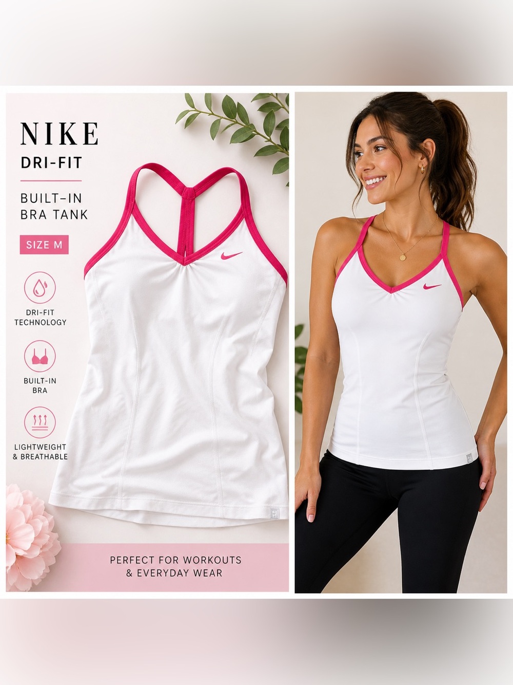 Nike Dri-FIT White Pink Trim Built-In Bra Tank Top Women’s Racerback Athletic